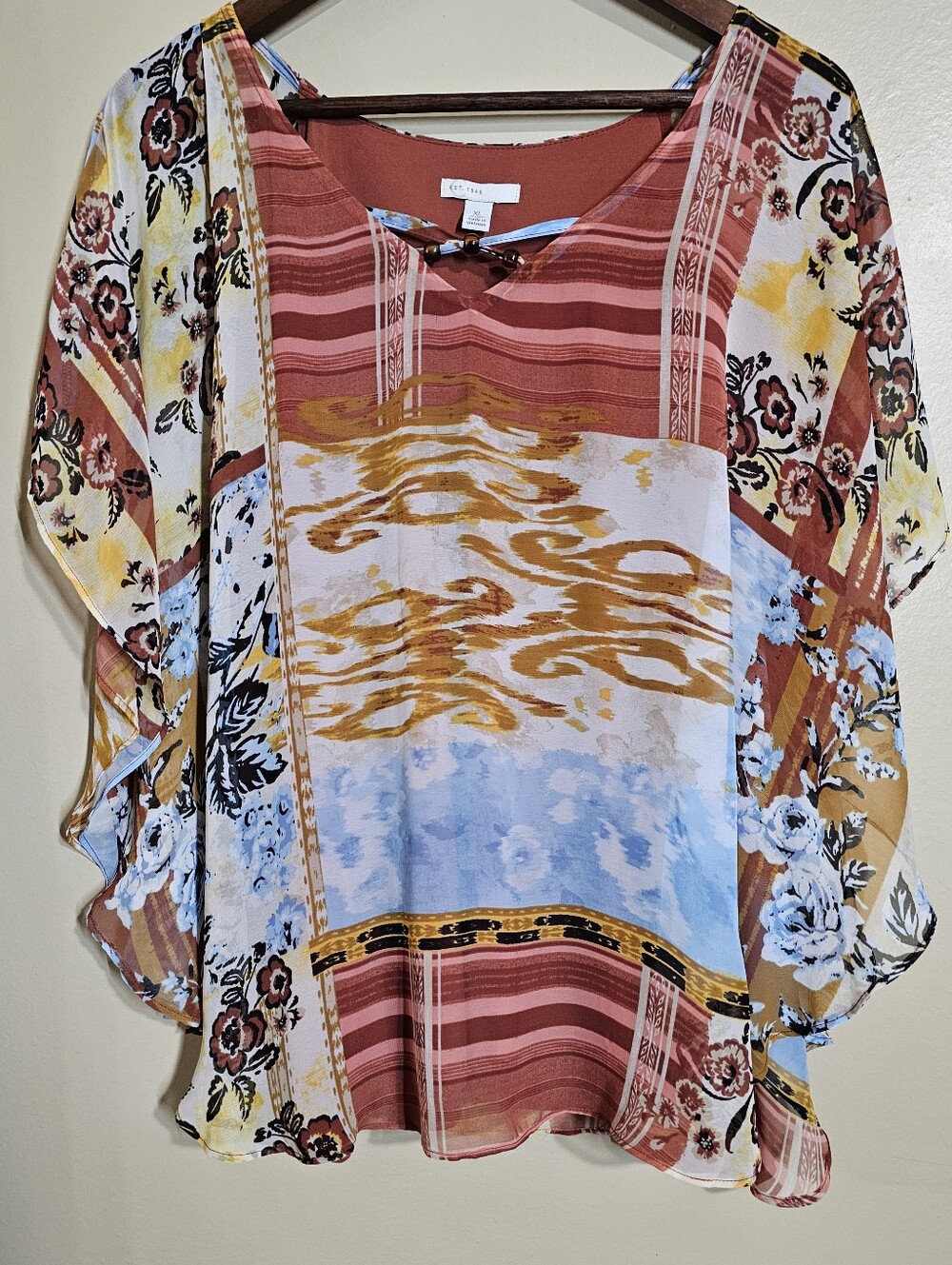 C EST 1946 XL Boho Patchwork Floral Blouse Mixed Print Kimono Sleeve Top